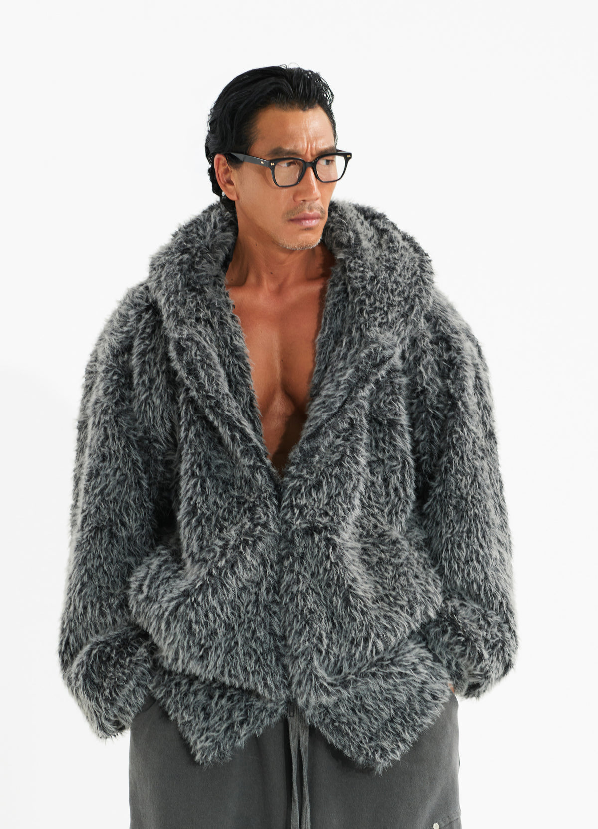 Haze Loose Fit Faux Fur Zip-Up Hoodie_ Charcoal