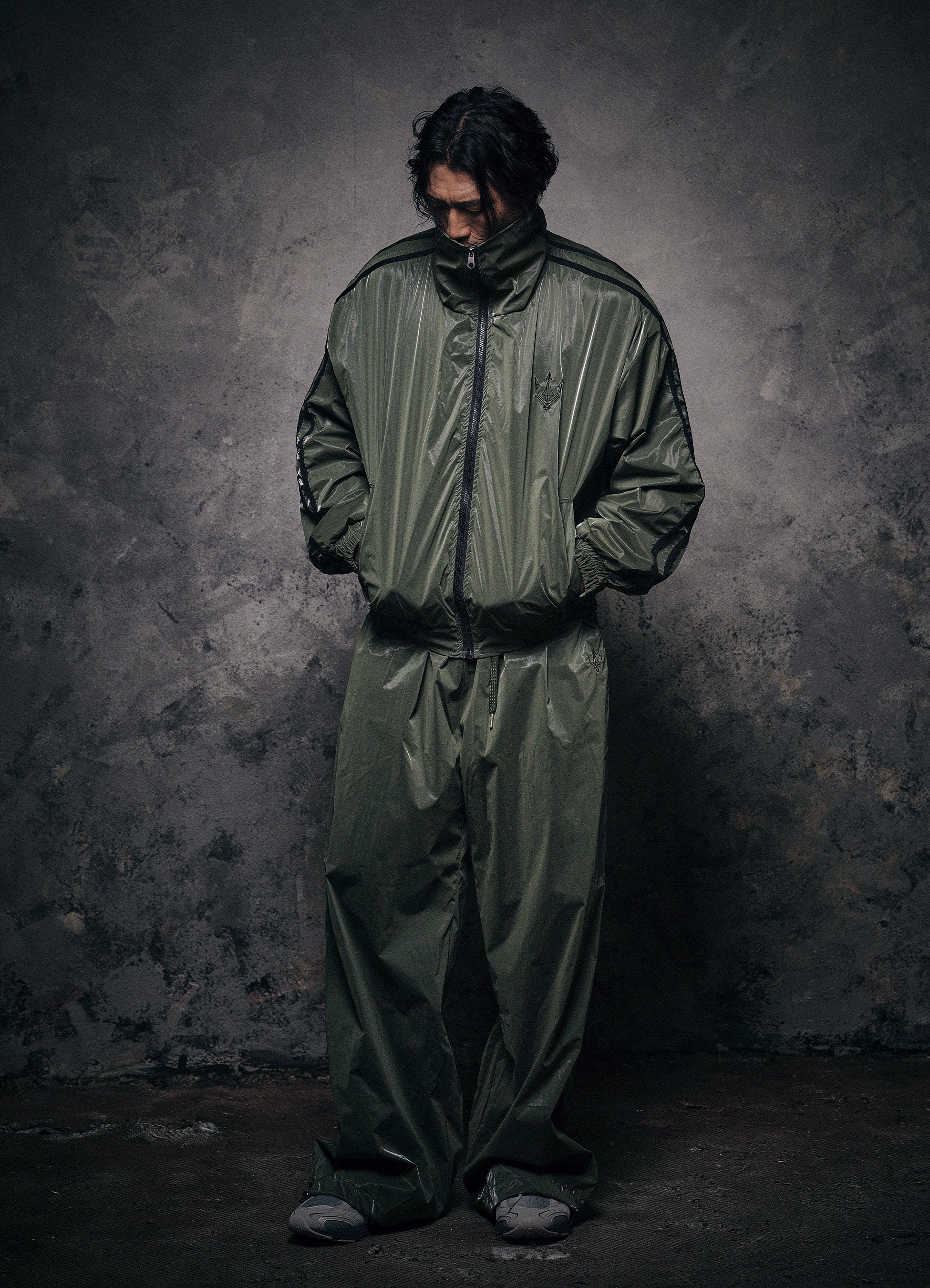 Unisex Olive Glaze Satin Shell Pants -Streetwear