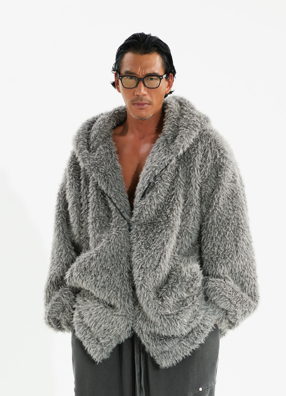 Haze Loose Fit Faux Fur Zip-Up Hoodie_Light Gray