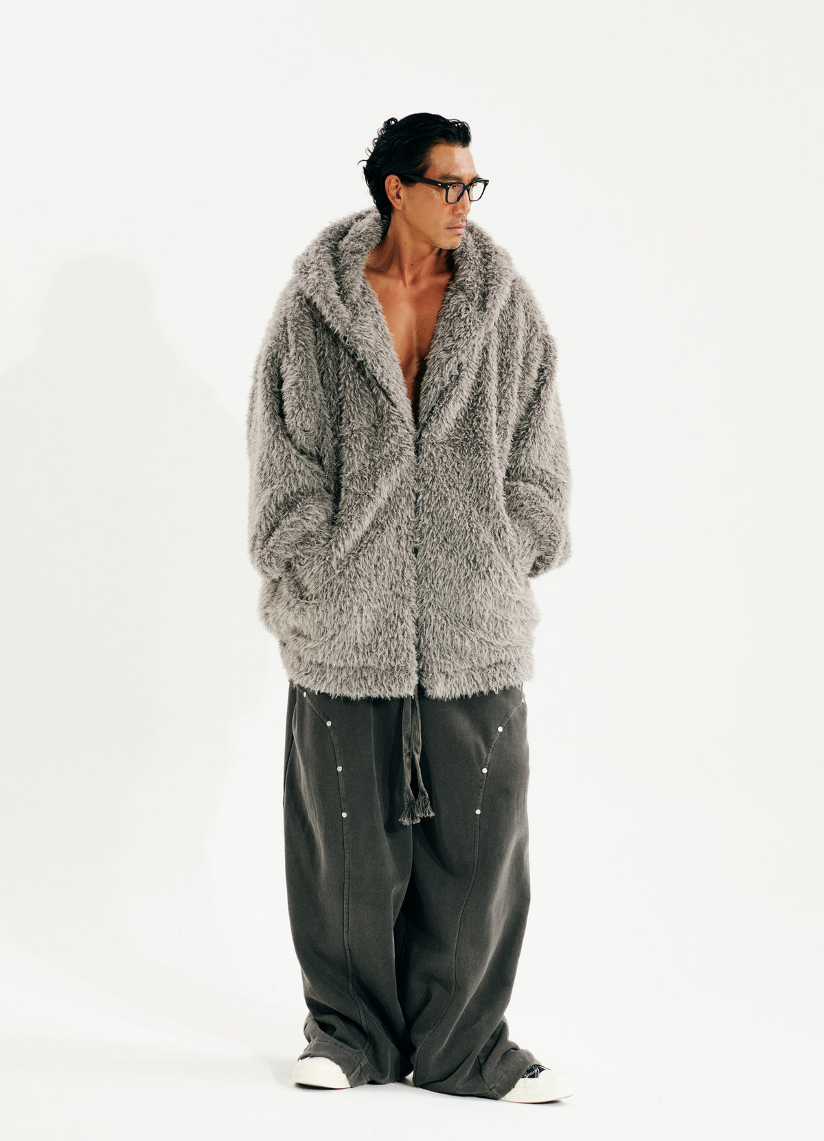 Haze Loose Fit Faux Fur Zip-Up Hoodie_Light Gray