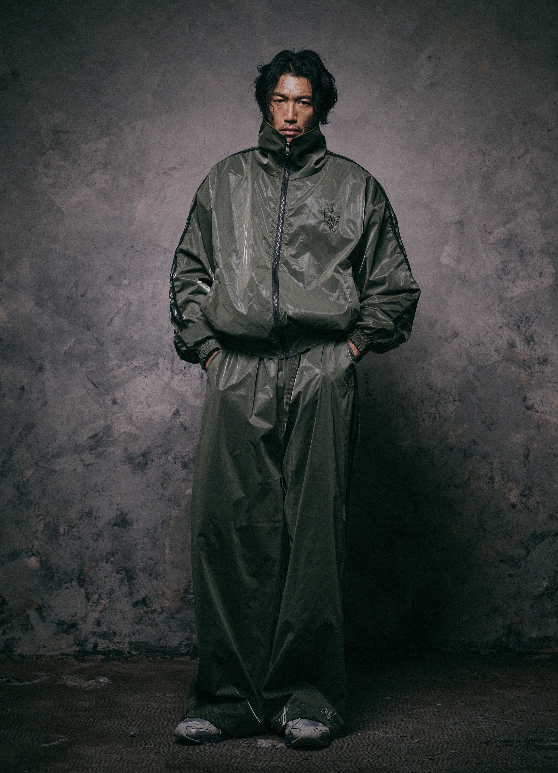 Unisex Olive Glaze Satin Shell Windbreaker Jacket  - Streetwear