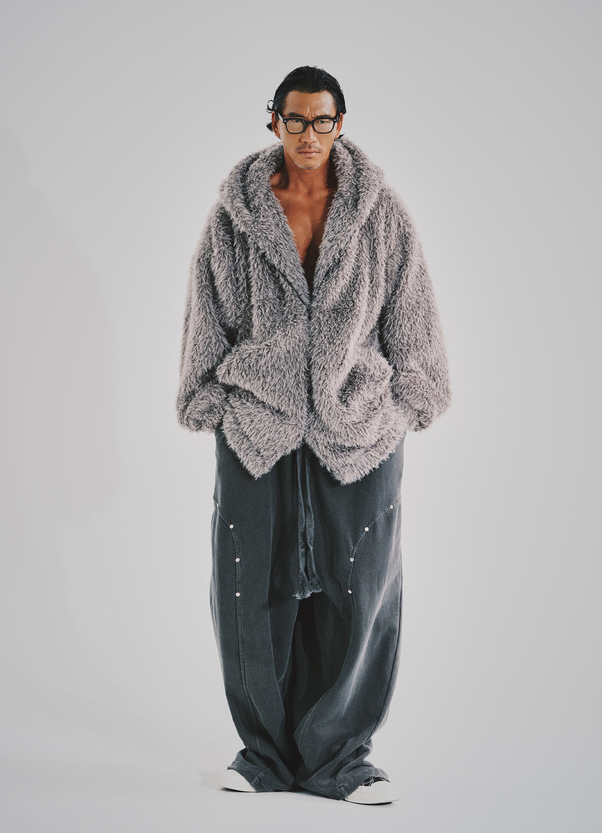 Haze Loose Fit Faux Fur Zip-Up Hoodie_Light Gray
