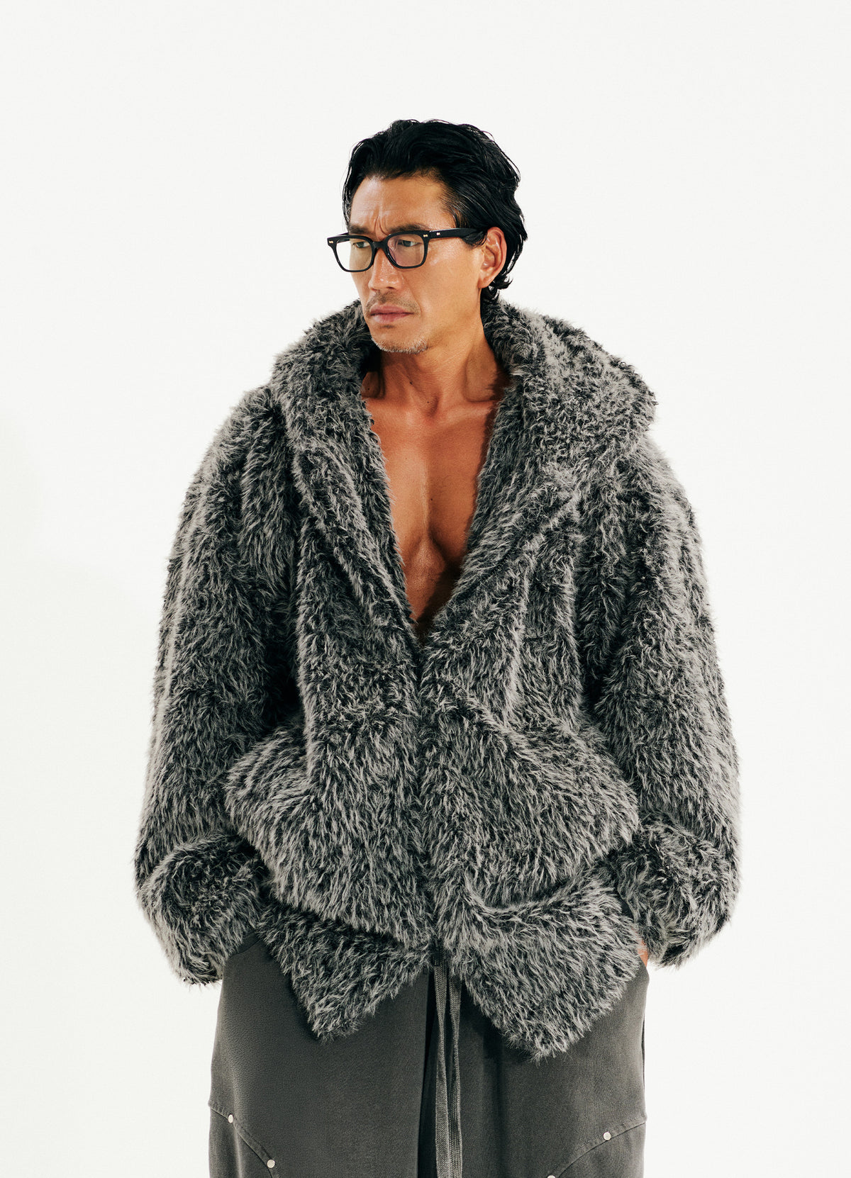 Haze Loose Fit Faux Fur Zip-Up Hoodie_ Charcoal