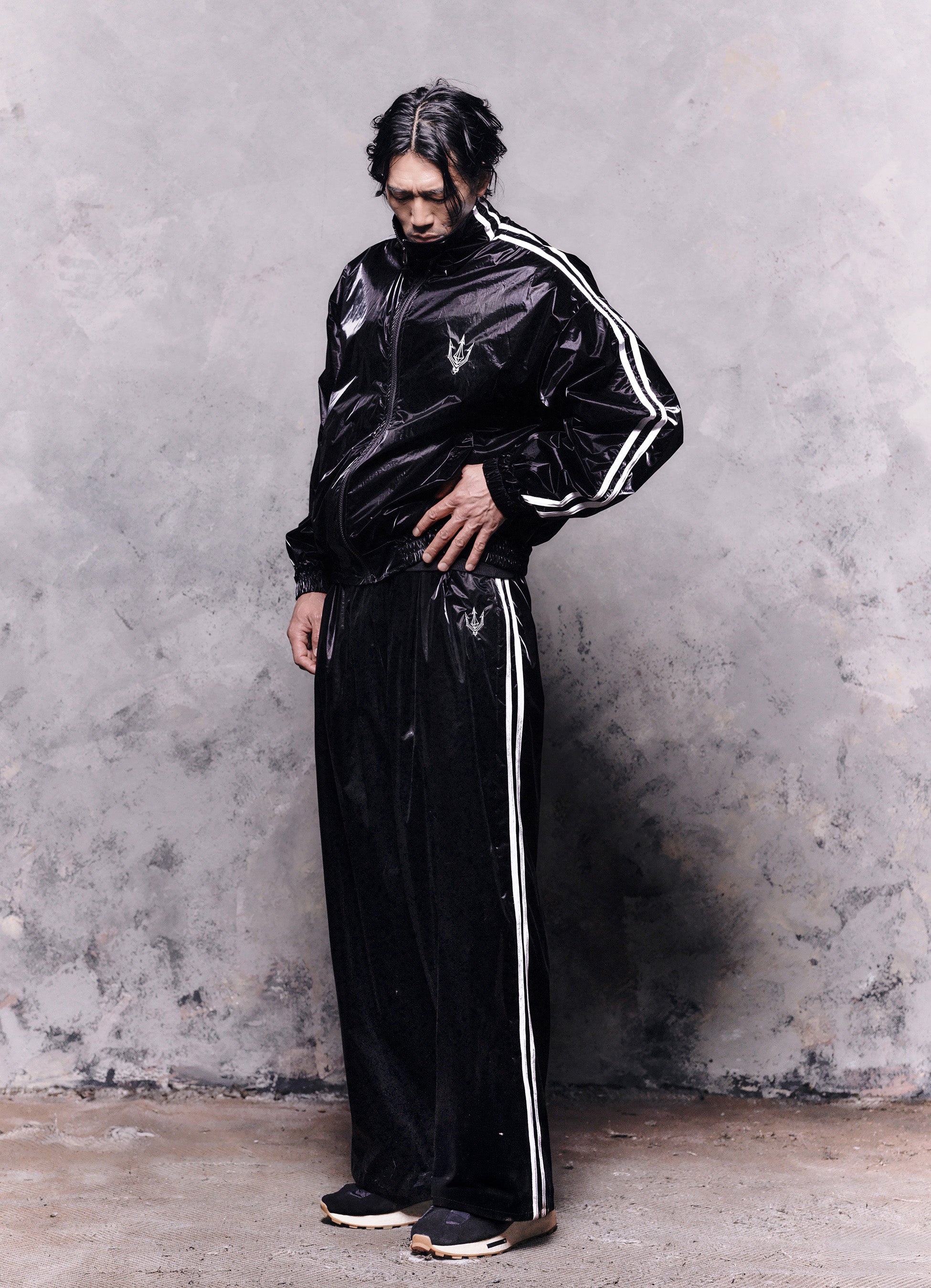 Unisex Jet Black Glaze Satin Shell Pants -Streetwear