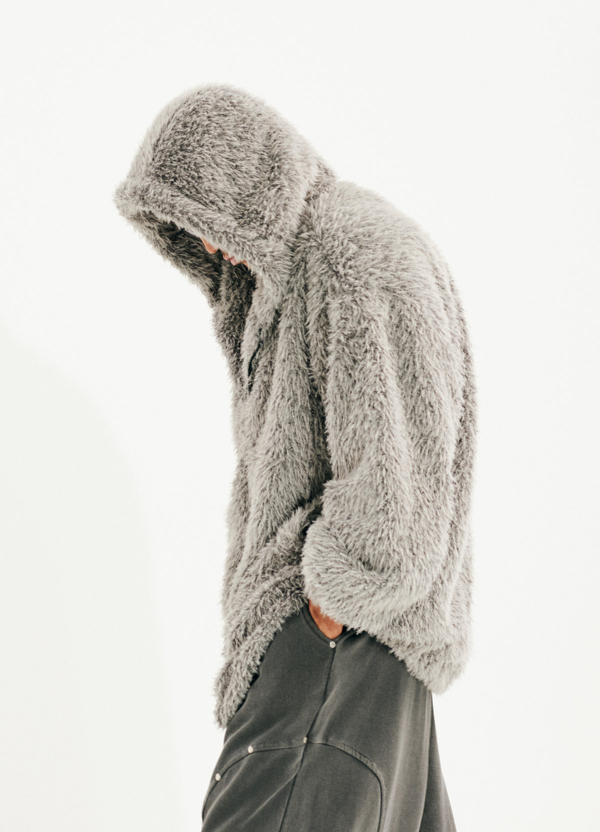 Haze Loose Fit Faux Fur Zip-Up Hoodie_Light Gray