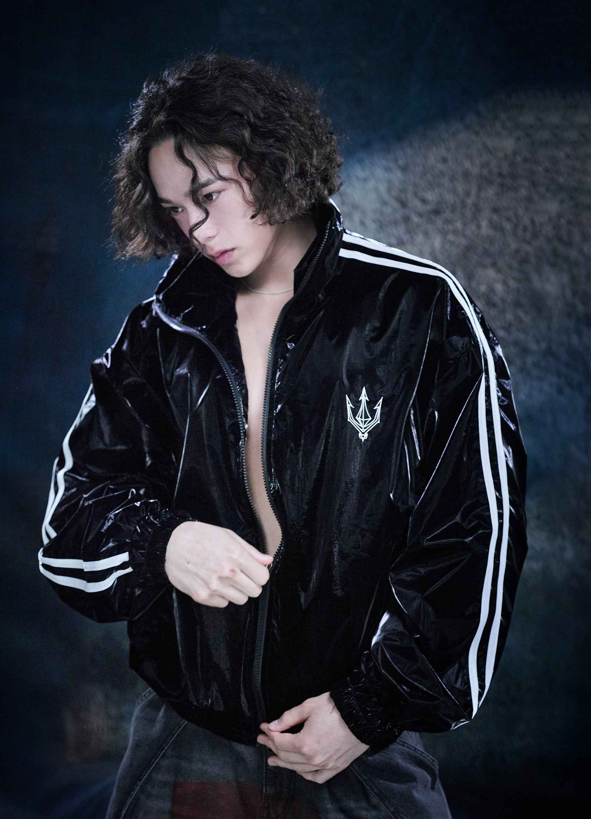 Unisex Jet Black Glaze Satin Shell Windbreaker Jacket - Streetwear