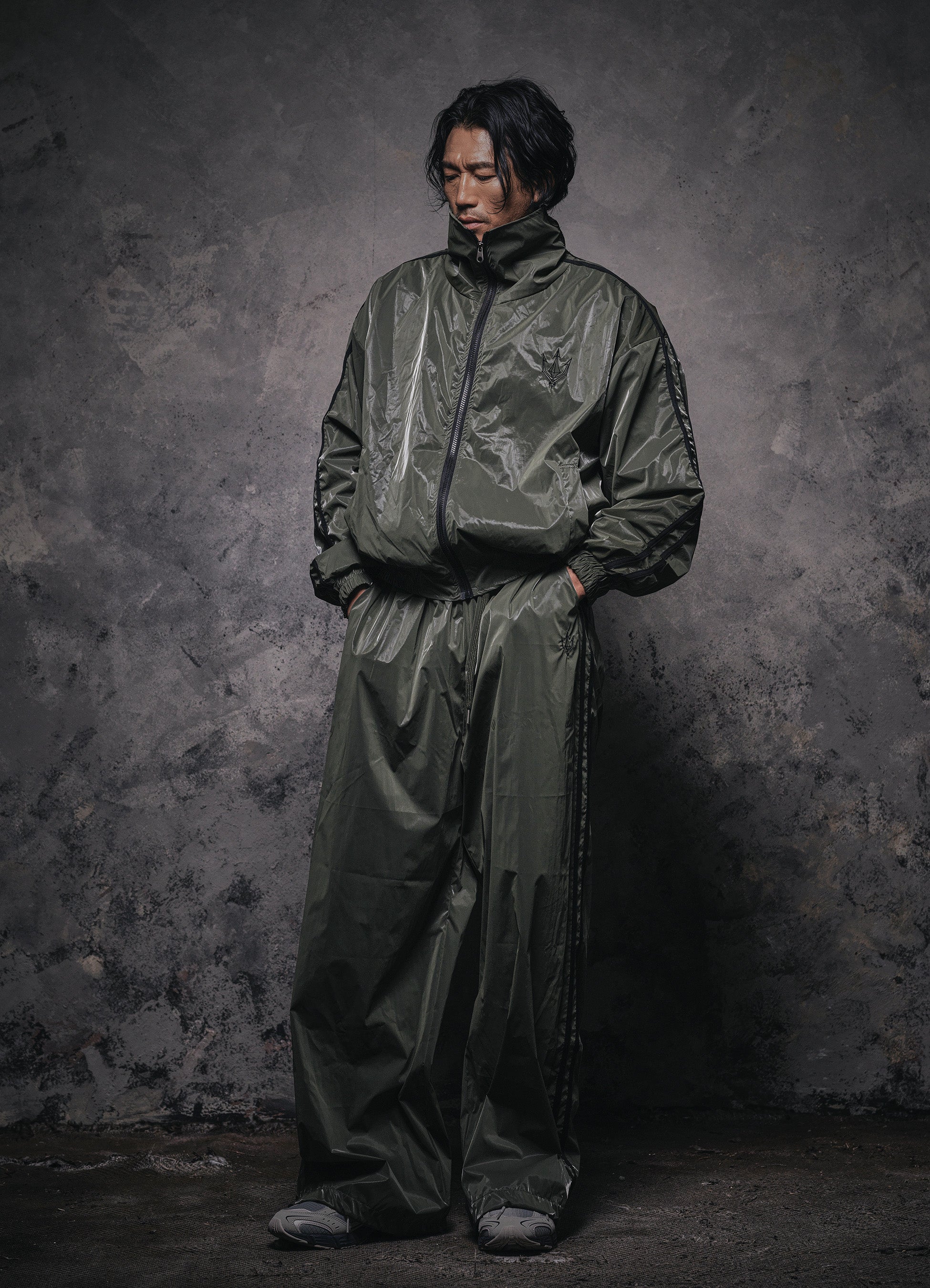 Unisex Olive Glaze Satin Shell Pants -Streetwear