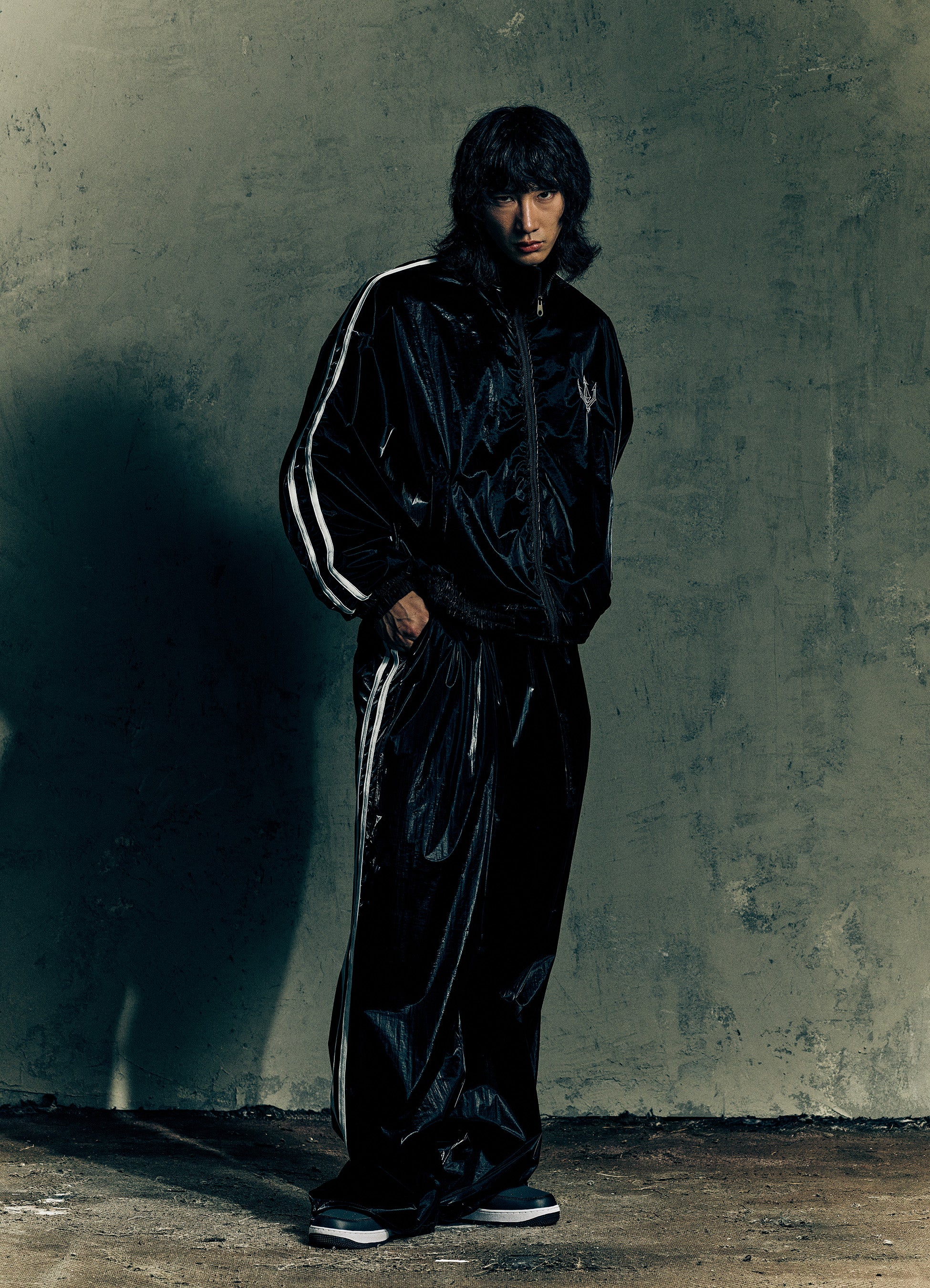 Unisex Jet Black Glaze Satin Shell Pants -Streetwear