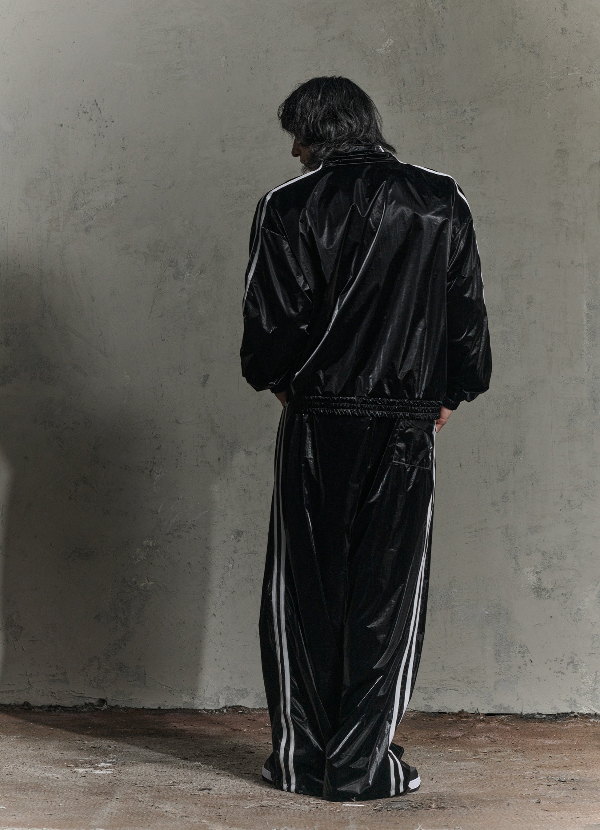 Unisex Jet Black Glaze Satin Shell Pants -Streetwear